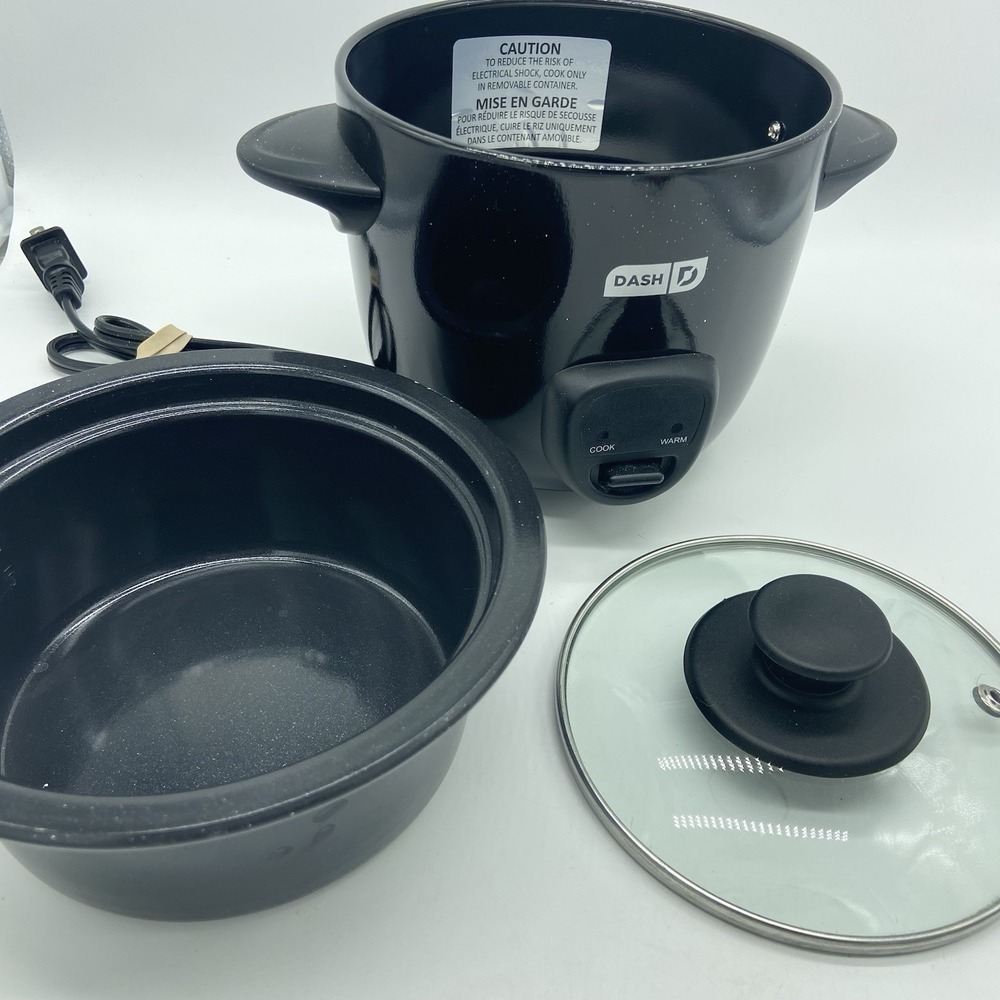 Dash Mini Rice Cooker 2 Cups Black Removable Pot &‎ Glass Lid TESTED & WORKS
